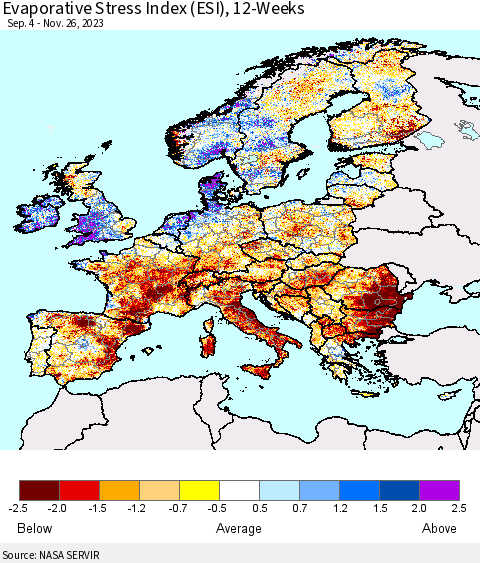 Europe Evaporative Stress Index (ESI), 12-Weeks Thematic Map For 11/20/2023 - 11/26/2023
