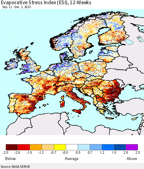 Europe Evaporative Stress Index (ESI), 12-Weeks Thematic Map For 11/27/2023 - 12/3/2023