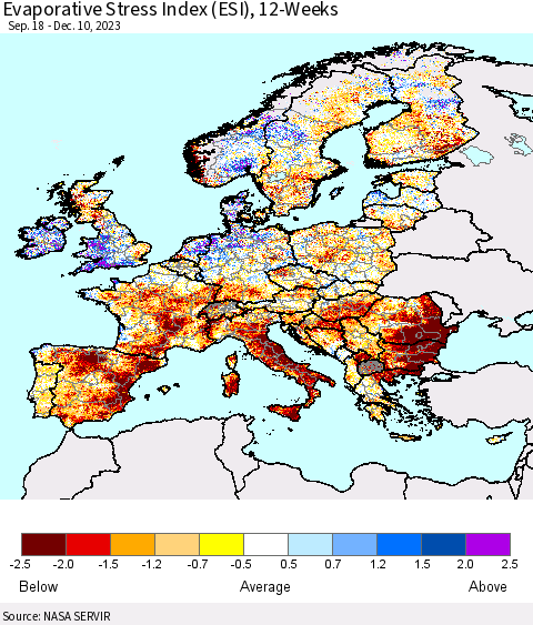 Europe Evaporative Stress Index (ESI), 12-Weeks Thematic Map For 12/4/2023 - 12/10/2023