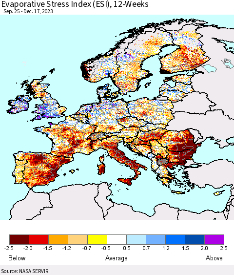 Europe Evaporative Stress Index (ESI), 12-Weeks Thematic Map For 12/11/2023 - 12/17/2023