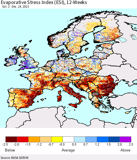 Europe Evaporative Stress Index (ESI), 12-Weeks Thematic Map For 12/18/2023 - 12/24/2023