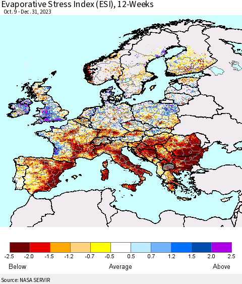 Europe Evaporative Stress Index (ESI), 12-Weeks Thematic Map For 12/25/2023 - 12/31/2023