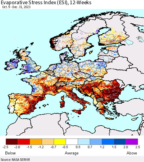 Europe Evaporative Stress Index (ESI), 12-Weeks Thematic Map For 1/1/2024 - 1/7/2024