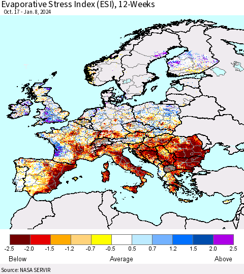 Europe Evaporative Stress Index (ESI), 12-Weeks Thematic Map For 1/8/2024 - 1/14/2024