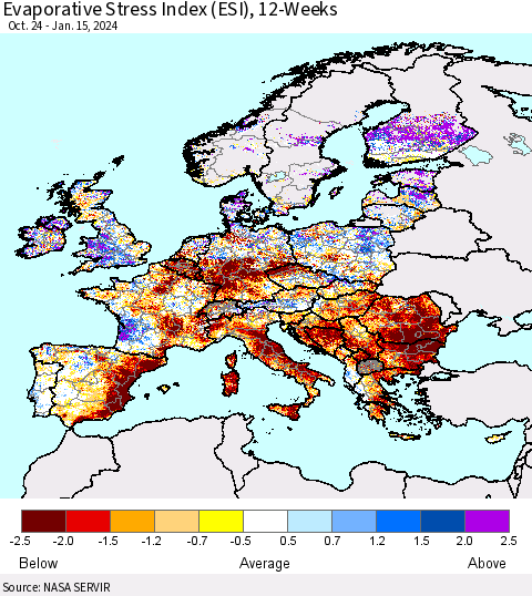 Europe Evaporative Stress Index (ESI), 12-Weeks Thematic Map For 1/15/2024 - 1/21/2024