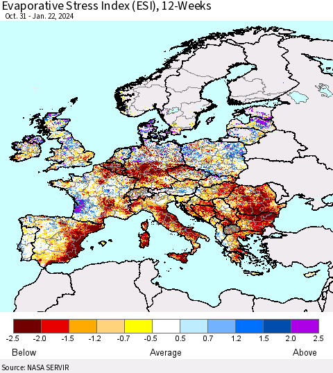 Europe Evaporative Stress Index (ESI), 12-Weeks Thematic Map For 1/22/2024 - 1/28/2024