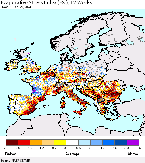 Europe Evaporative Stress Index (ESI), 12-Weeks Thematic Map For 1/29/2024 - 2/4/2024