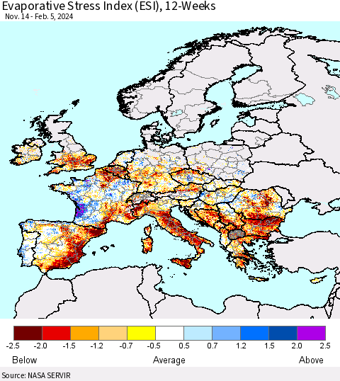 Europe Evaporative Stress Index (ESI), 12-Weeks Thematic Map For 2/5/2024 - 2/11/2024