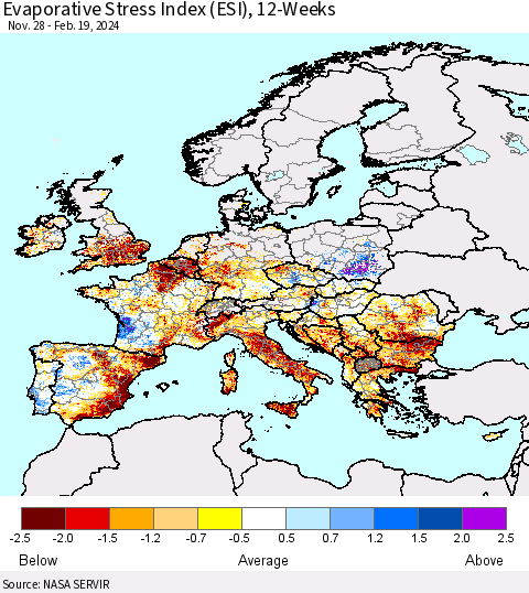 Europe Evaporative Stress Index (ESI), 12-Weeks Thematic Map For 2/19/2024 - 2/25/2024