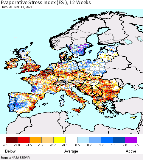 Europe Evaporative Stress Index (ESI), 12-Weeks Thematic Map For 3/18/2024 - 3/24/2024