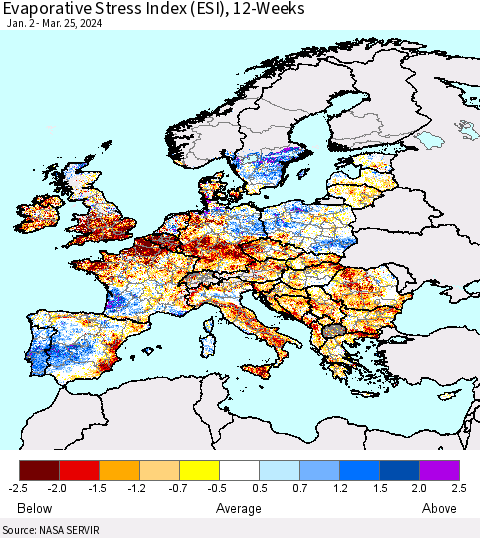 Europe Evaporative Stress Index (ESI), 12-Weeks Thematic Map For 3/25/2024 - 3/31/2024