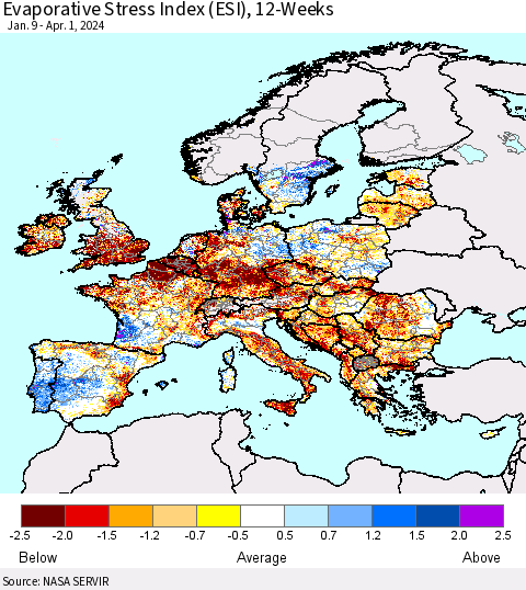 Europe Evaporative Stress Index (ESI), 12-Weeks Thematic Map For 4/1/2024 - 4/7/2024