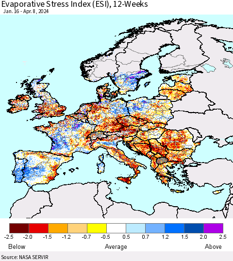 Europe Evaporative Stress Index (ESI), 12-Weeks Thematic Map For 4/8/2024 - 4/14/2024