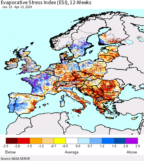 Europe Evaporative Stress Index (ESI), 12-Weeks Thematic Map For 4/15/2024 - 4/21/2024