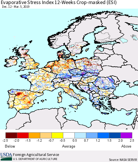 Europe Evaporative Stress Index (ESI), 12-Weeks over Croplands Thematic Map For 3/4/2019 - 3/10/2019
