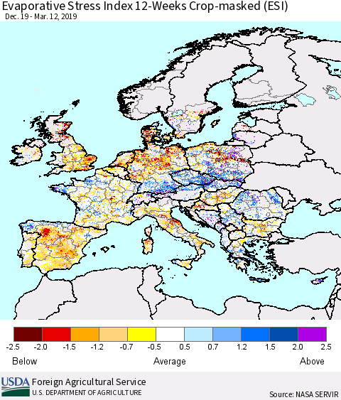 Europe Evaporative Stress Index (ESI), 12-Weeks over Croplands Thematic Map For 3/11/2019 - 3/17/2019
