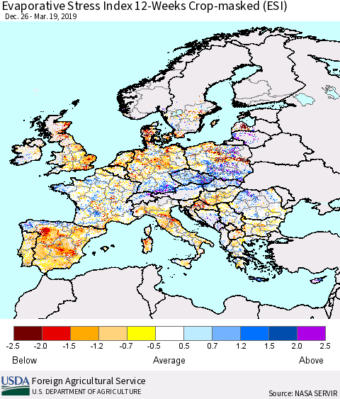 Europe Evaporative Stress Index (ESI), 12-Weeks over Croplands Thematic Map For 3/18/2019 - 3/24/2019