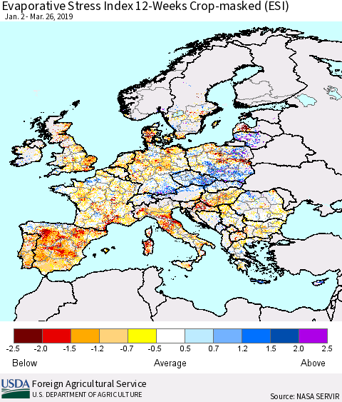 Europe Evaporative Stress Index (ESI), 12-Weeks over Croplands Thematic Map For 3/25/2019 - 3/31/2019