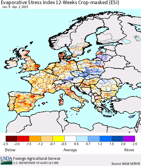 Europe Evaporative Stress Index (ESI), 12-Weeks over Croplands Thematic Map For 4/1/2019 - 4/7/2019