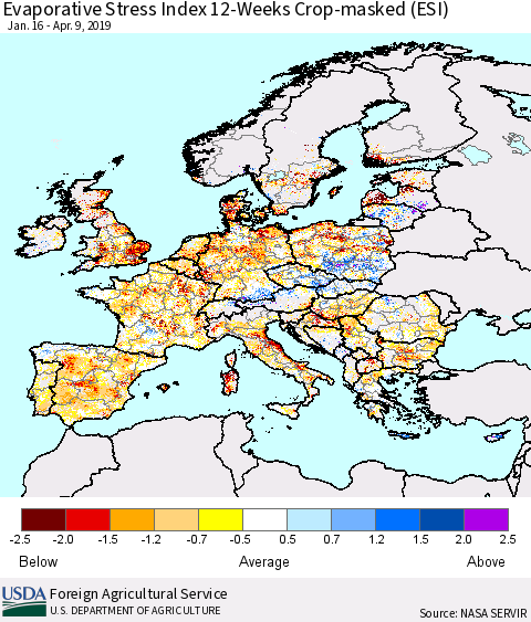 Europe Evaporative Stress Index (ESI), 12-Weeks over Croplands Thematic Map For 4/8/2019 - 4/14/2019