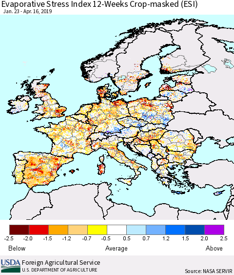 Europe Evaporative Stress Index (ESI), 12-Weeks over Croplands Thematic Map For 4/15/2019 - 4/21/2019