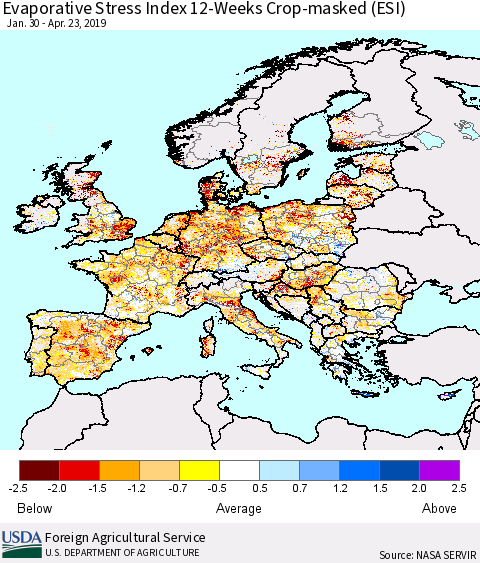 Europe Evaporative Stress Index (ESI), 12-Weeks over Croplands Thematic Map For 4/22/2019 - 4/28/2019