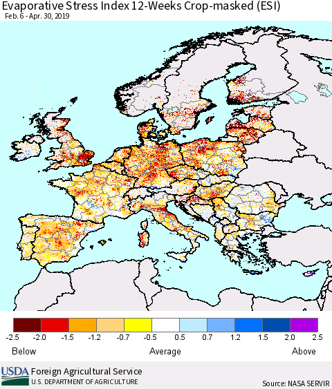 Europe Evaporative Stress Index (ESI), 12-Weeks over Croplands Thematic Map For 4/29/2019 - 5/5/2019