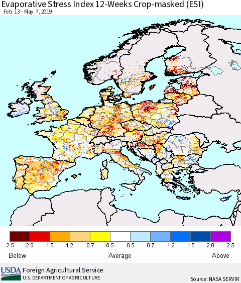 Europe Evaporative Stress Index (ESI), 12-Weeks over Croplands Thematic Map For 5/6/2019 - 5/12/2019