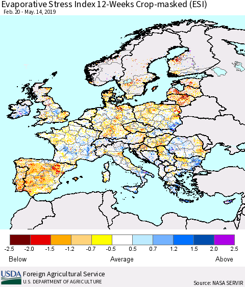 Europe Evaporative Stress Index (ESI), 12-Weeks over Croplands Thematic Map For 5/13/2019 - 5/19/2019