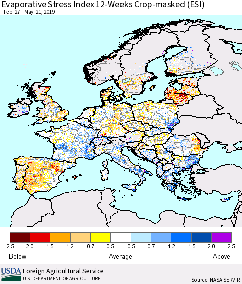 Europe Evaporative Stress Index (ESI), 12-Weeks over Croplands Thematic Map For 5/20/2019 - 5/26/2019