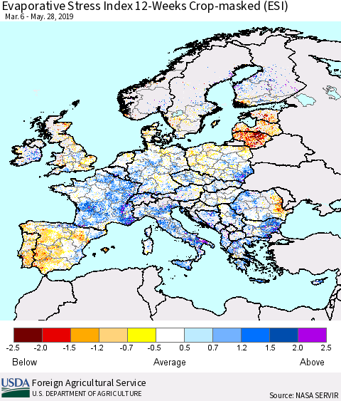 Europe Evaporative Stress Index (ESI), 12-Weeks over Croplands Thematic Map For 5/27/2019 - 6/2/2019