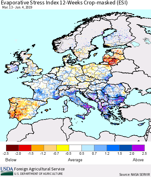 Europe Evaporative Stress Index (ESI), 12-Weeks over Croplands Thematic Map For 6/3/2019 - 6/9/2019