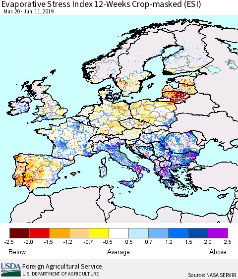 Europe Evaporative Stress Index (ESI), 12-Weeks over Croplands Thematic Map For 6/10/2019 - 6/16/2019