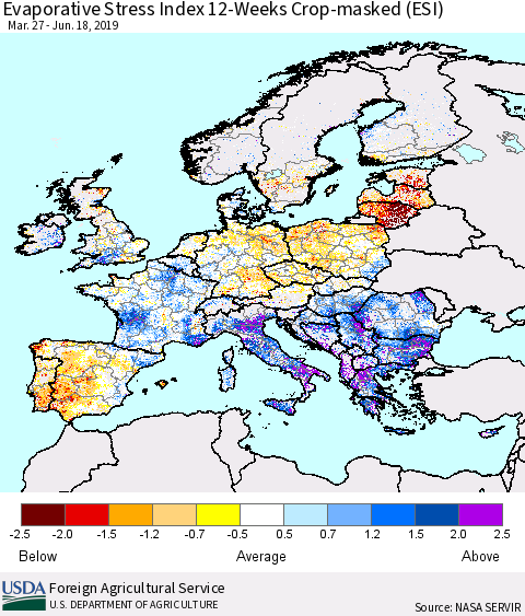 Europe Evaporative Stress Index (ESI), 12-Weeks over Croplands Thematic Map For 6/17/2019 - 6/23/2019