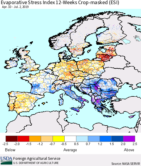 Europe Evaporative Stress Index (ESI), 12-Weeks over Croplands Thematic Map For 7/1/2019 - 7/7/2019