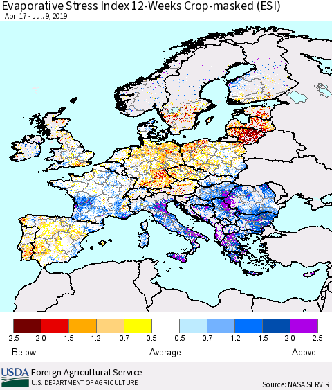 Europe Evaporative Stress Index (ESI), 12-Weeks over Croplands Thematic Map For 7/8/2019 - 7/14/2019