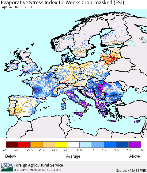 Europe Evaporative Stress Index (ESI), 12-Weeks over Croplands Thematic Map For 7/15/2019 - 7/21/2019