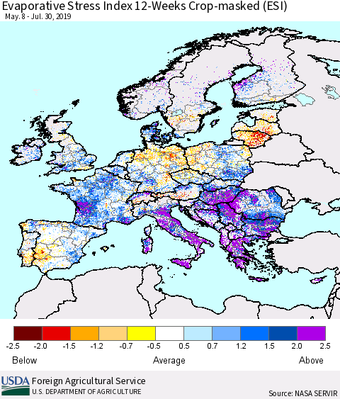 Europe Evaporative Stress Index (ESI), 12-Weeks over Croplands Thematic Map For 7/29/2019 - 8/4/2019