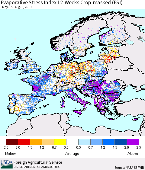 Europe Evaporative Stress Index (ESI), 12-Weeks over Croplands Thematic Map For 8/5/2019 - 8/11/2019