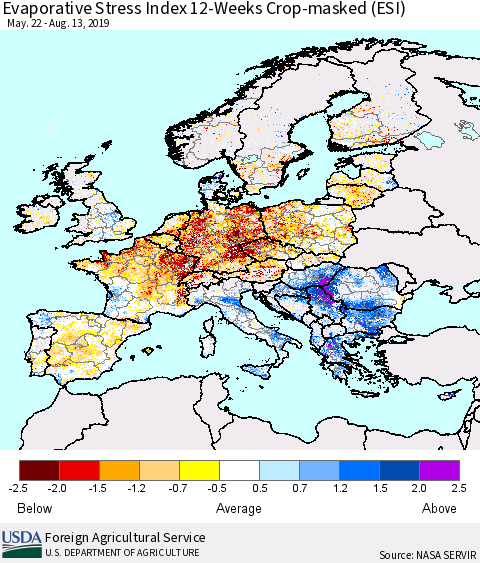 Europe Evaporative Stress Index (ESI), 12-Weeks over Croplands Thematic Map For 8/12/2019 - 8/18/2019