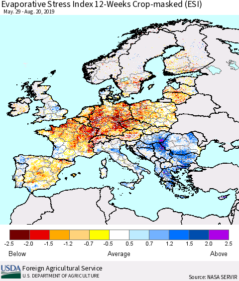 Europe Evaporative Stress Index (ESI), 12-Weeks over Croplands Thematic Map For 8/19/2019 - 8/25/2019