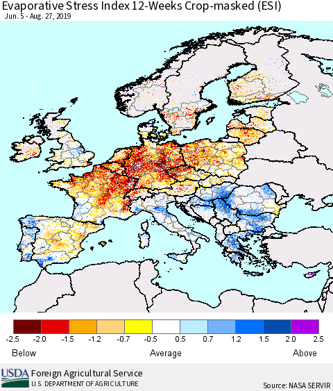 Europe Evaporative Stress Index (ESI), 12-Weeks over Croplands Thematic Map For 8/26/2019 - 9/1/2019