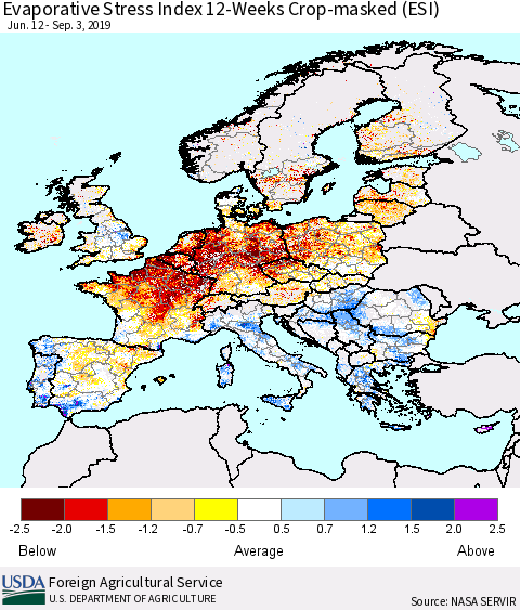 Europe Evaporative Stress Index (ESI), 12-Weeks over Croplands Thematic Map For 9/2/2019 - 9/8/2019