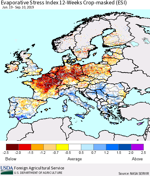 Europe Evaporative Stress Index (ESI), 12-Weeks over Croplands Thematic Map For 9/9/2019 - 9/15/2019