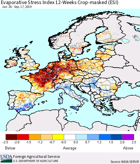Europe Evaporative Stress Index (ESI), 12-Weeks over Croplands Thematic Map For 9/16/2019 - 9/22/2019