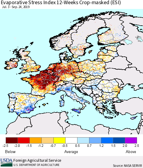 Europe Evaporative Stress Index (ESI), 12-Weeks over Croplands Thematic Map For 9/23/2019 - 9/29/2019
