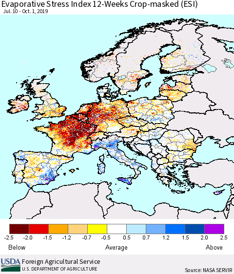 Europe Evaporative Stress Index (ESI), 12-Weeks over Croplands Thematic Map For 9/30/2019 - 10/6/2019