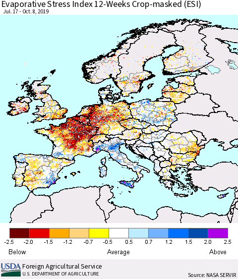Europe Evaporative Stress Index (ESI), 12-Weeks over Croplands Thematic Map For 10/7/2019 - 10/13/2019