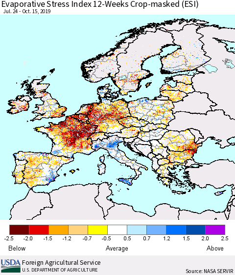 Europe Evaporative Stress Index (ESI), 12-Weeks over Croplands Thematic Map For 10/14/2019 - 10/20/2019
