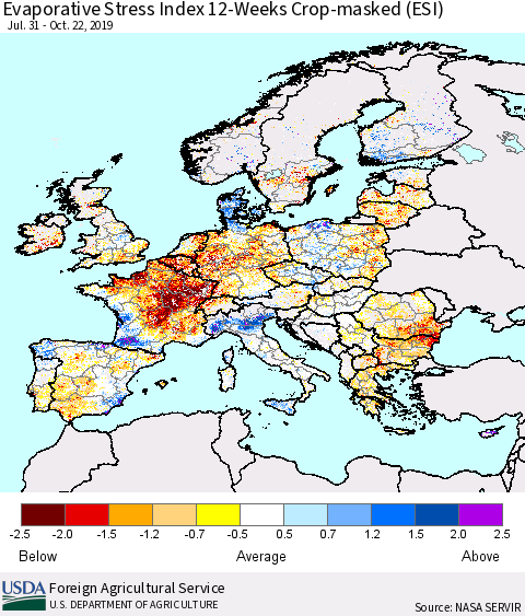 Europe Evaporative Stress Index (ESI), 12-Weeks over Croplands Thematic Map For 10/21/2019 - 10/27/2019